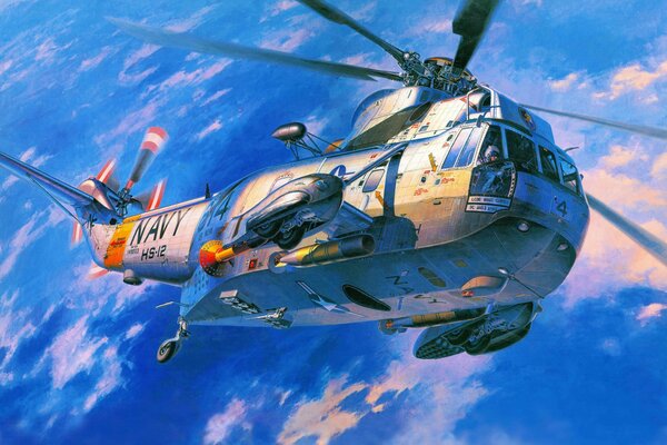 Helicóptero de transporte Art de la Marina de los Estados Unidos sobre el mar
