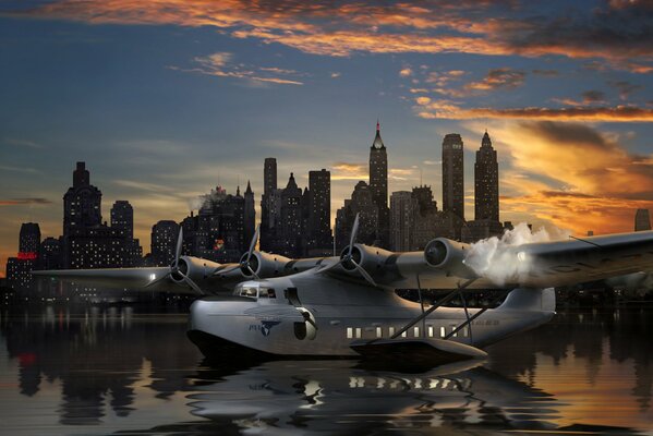 Seaplane landing on the background of the night city
