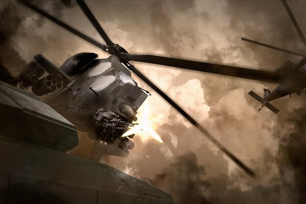Hélicoptères de combat dans le ciel autour de la fumée