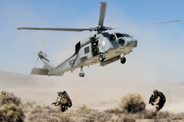 The Black Hawk soldiers are in action. Landing in the desert