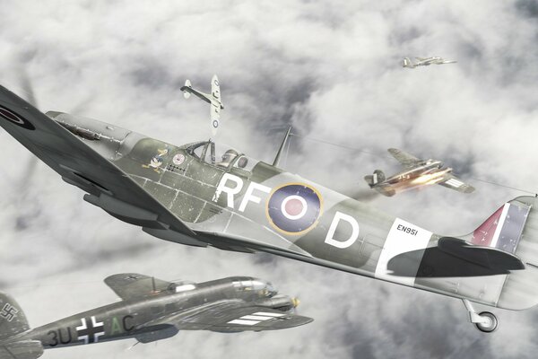 Рисунок воздушного боя британской и немецкой авиации во время второй мировой войны
