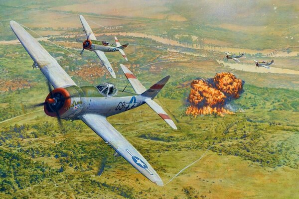 Американские истребительи-бомбардировщики в небе рисунок