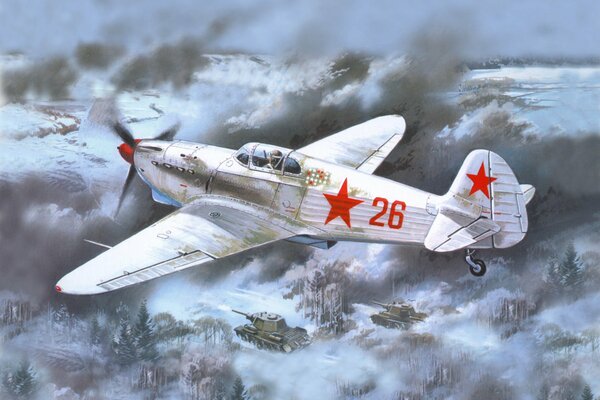 Un combattant soviétique vole en hiver au-dessus des chars pendant la grande guerre patriotique