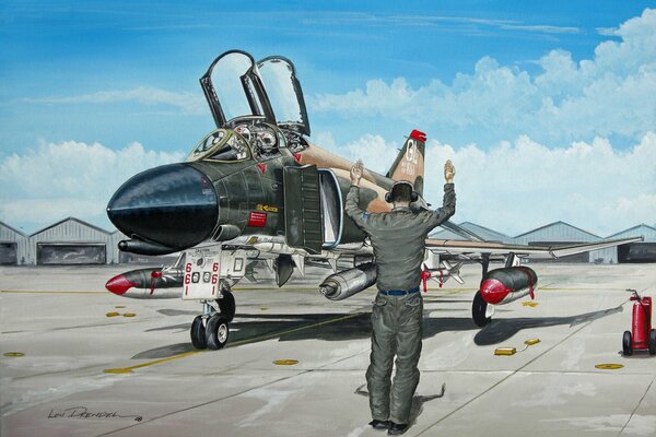 An airport worker gives commands to an airplane at the airfield