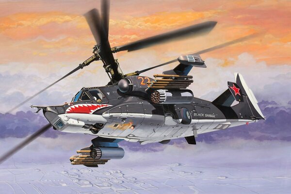 Helicóptero de arte con pintura de tiburón