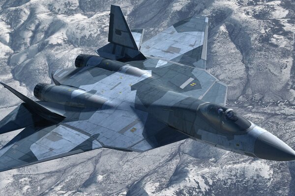 T-50 fighter flying in the sky over the mountains