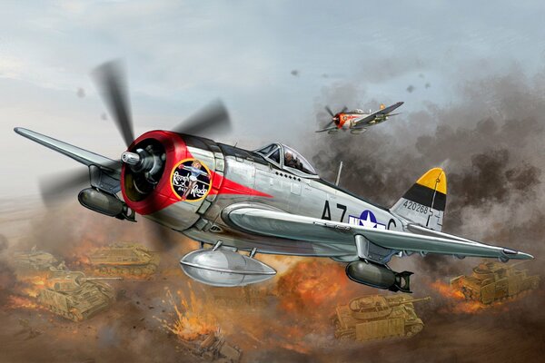 Le P-47 américain bombarde des chars au sol, laissant derrière lui un panache de feu
