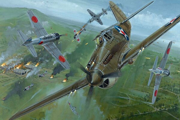 Drawing of the air battle of the American and Japanese aviation