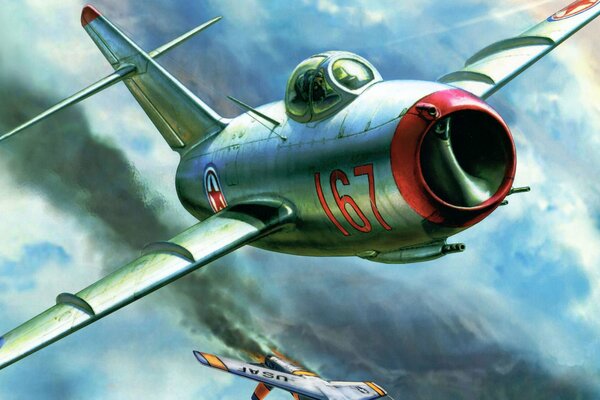 Rysunek myśliwiec MiG-15 leci na niebie