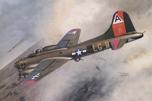 Luftkampf-Zeichnung. US-Bomber im Geschäft
