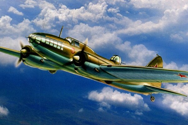 Рисунок двухмоторного бомбардировщика ил-4 в небе