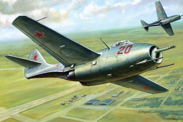 Арт первого одноместного советского истребителя миг-9