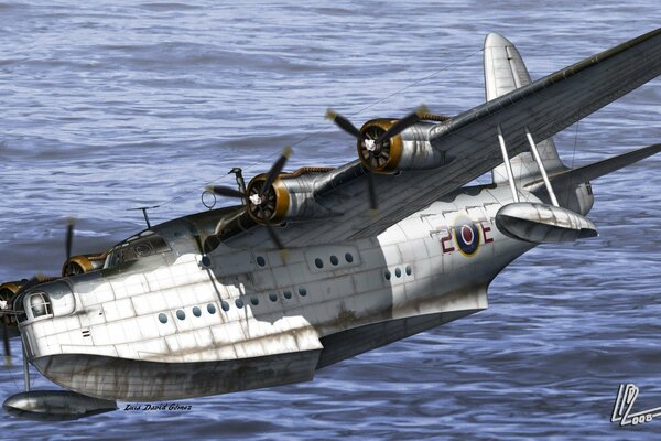 El arte de un hidroavión corto ww2 en vuelo sobre el océano