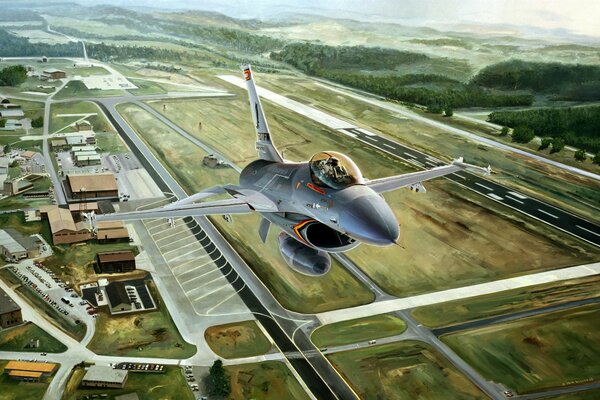 Art of the F-16 fighter flying from the airfield