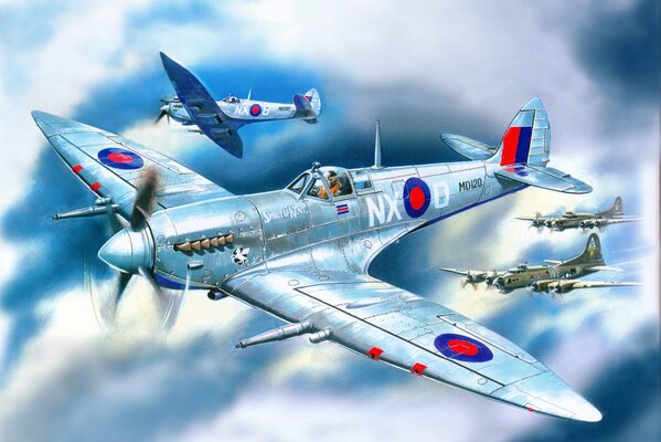 Art drawing English four-engine fighters