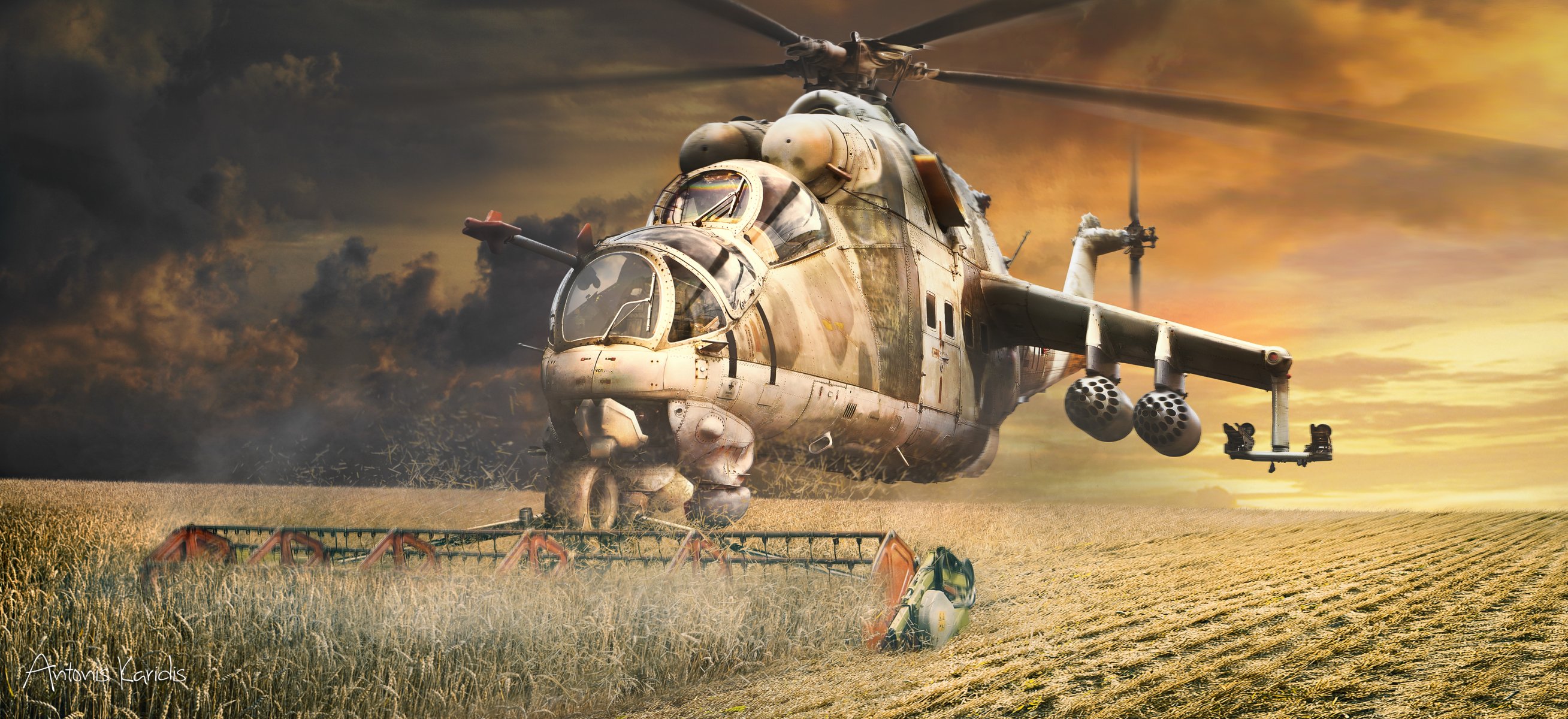 helicopters art mi-24 the field cereals vintage mower