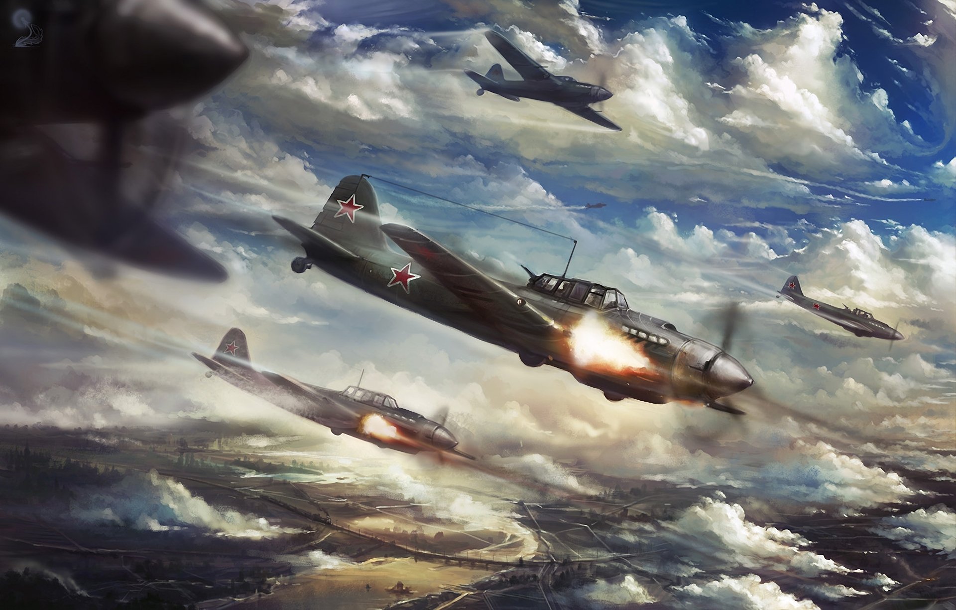 art il-2 samolot szturmowy samoloty ii wojna światowa miasto atak atak ostrzał chmury rzeka