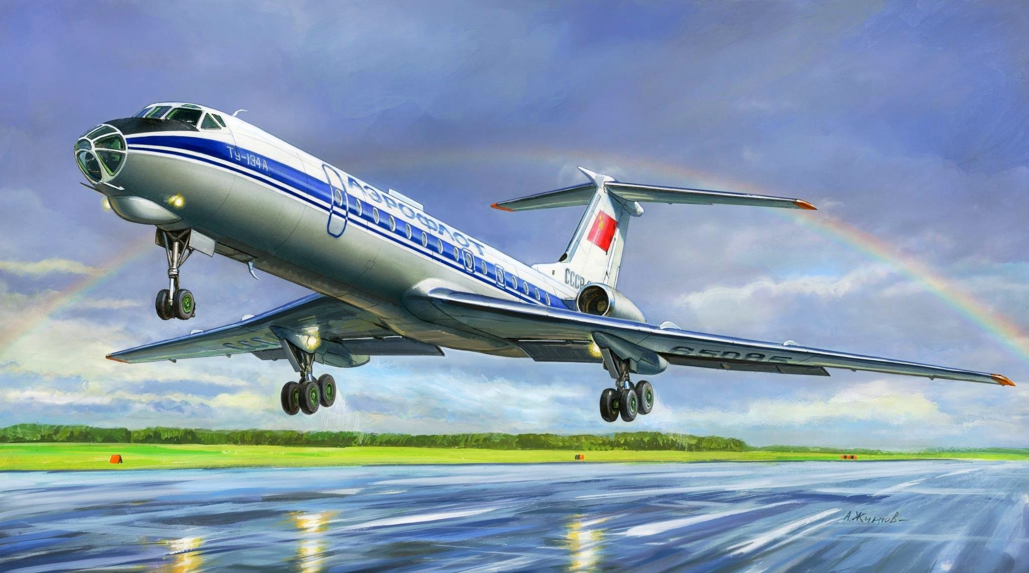 dibujo a. zhirnov pasajero avión tu-134b tupolev kb aeroflot urss