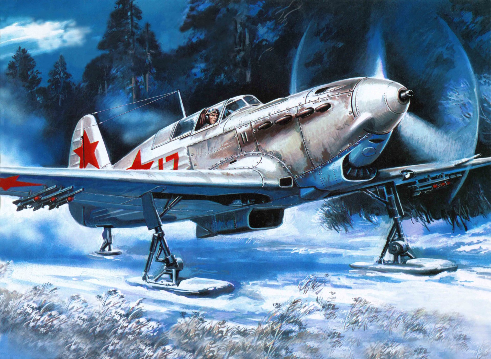 avion yak-7 soviétique monomoteur combattant avec maya 1942g. à décembre 1943g. total a été construit 5120 pcs ww2. hiver option sur axe train d atterrissage avion au lieu roues mis ski décollage secret aérodrome