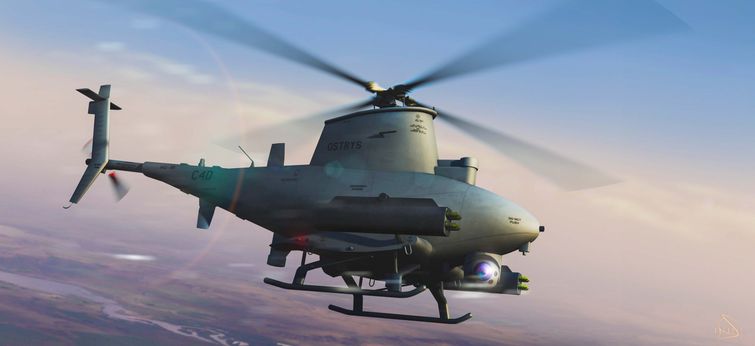 helicopter uav in colloquially name drone unmanned mq-8b developed by company northrop grumman can detect targets and hit them with fire airborne weapons use for reconnaissance communications defeat point targets under pylons installed blocks snar