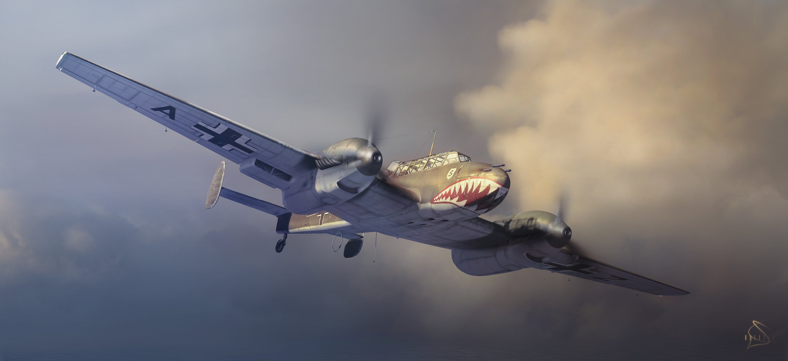 arte messerschmitt bf 110 aereo retro nel cielo volo sorriso figura bocca