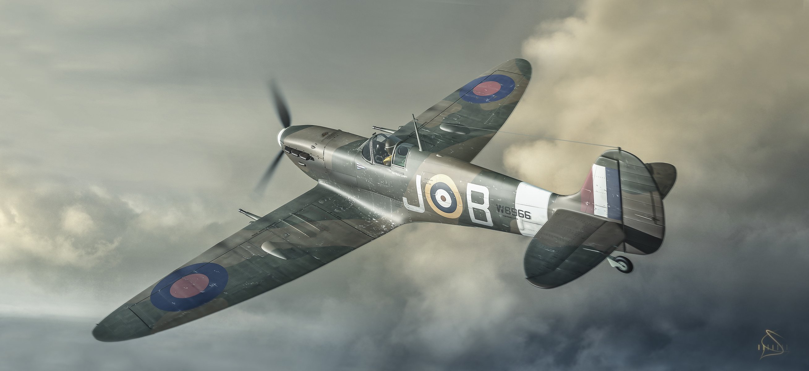 art avion dans le ciel vol rétro supermarine spitfire combattant intercepteur scout