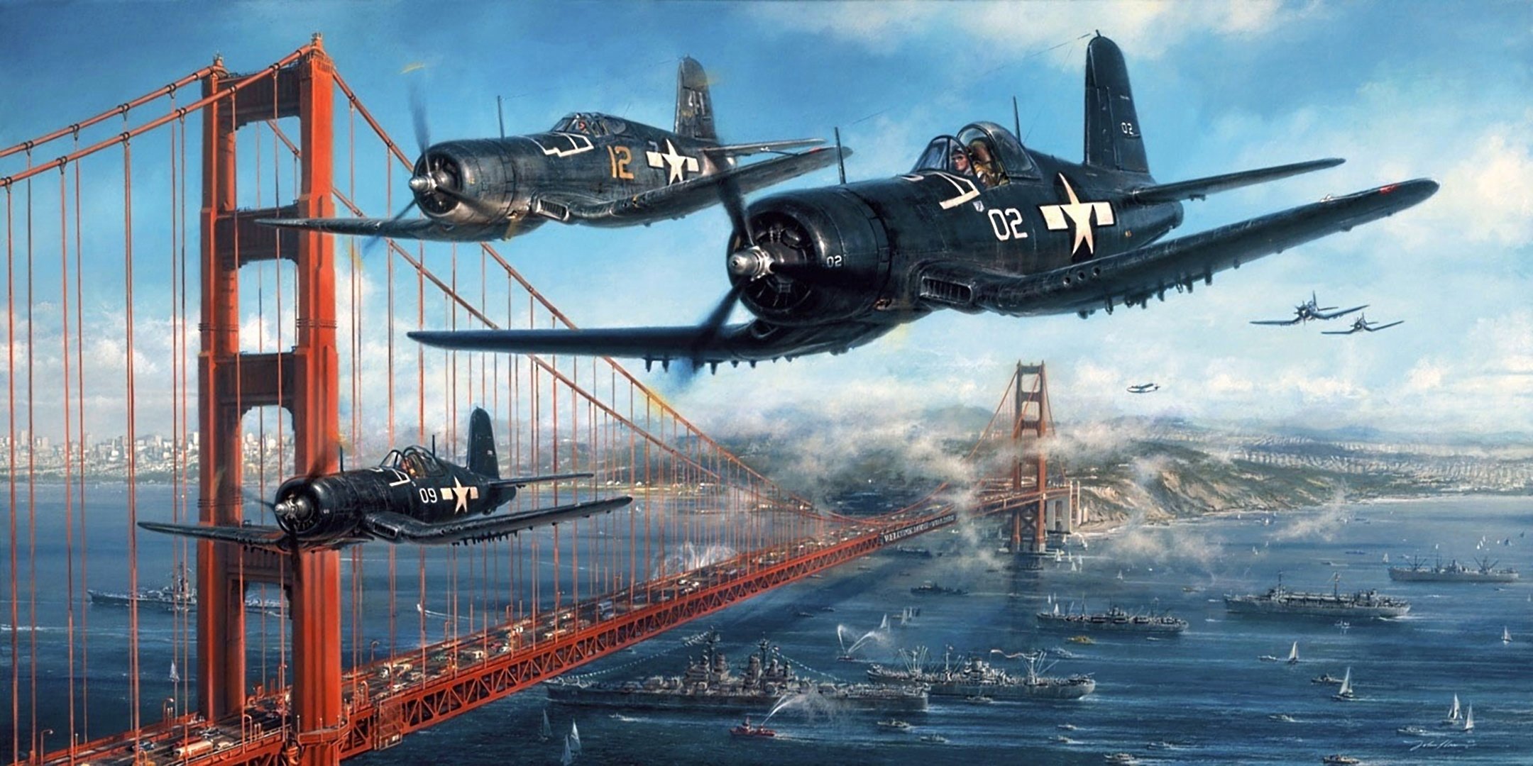 abbildung john d. shaw flugzeug deckkämpfer chance vout f4u corsair chance vout f4u corsair us air force meerenge golden gate bridge schiffe