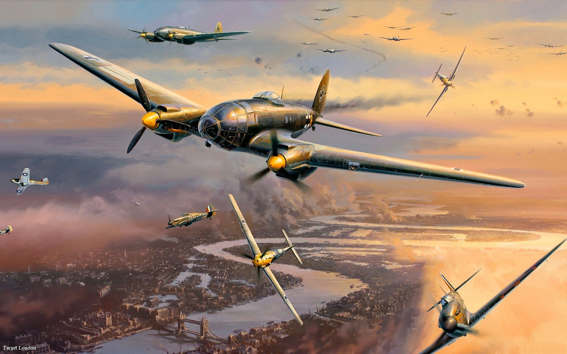 seconde guerre mondiale bataille de londres combats aériens luftwaffe : heinkel he 111 p 1 messerschmitt bf.109f supermarine spitfire mk.xii britanniques allemands avions aviation art