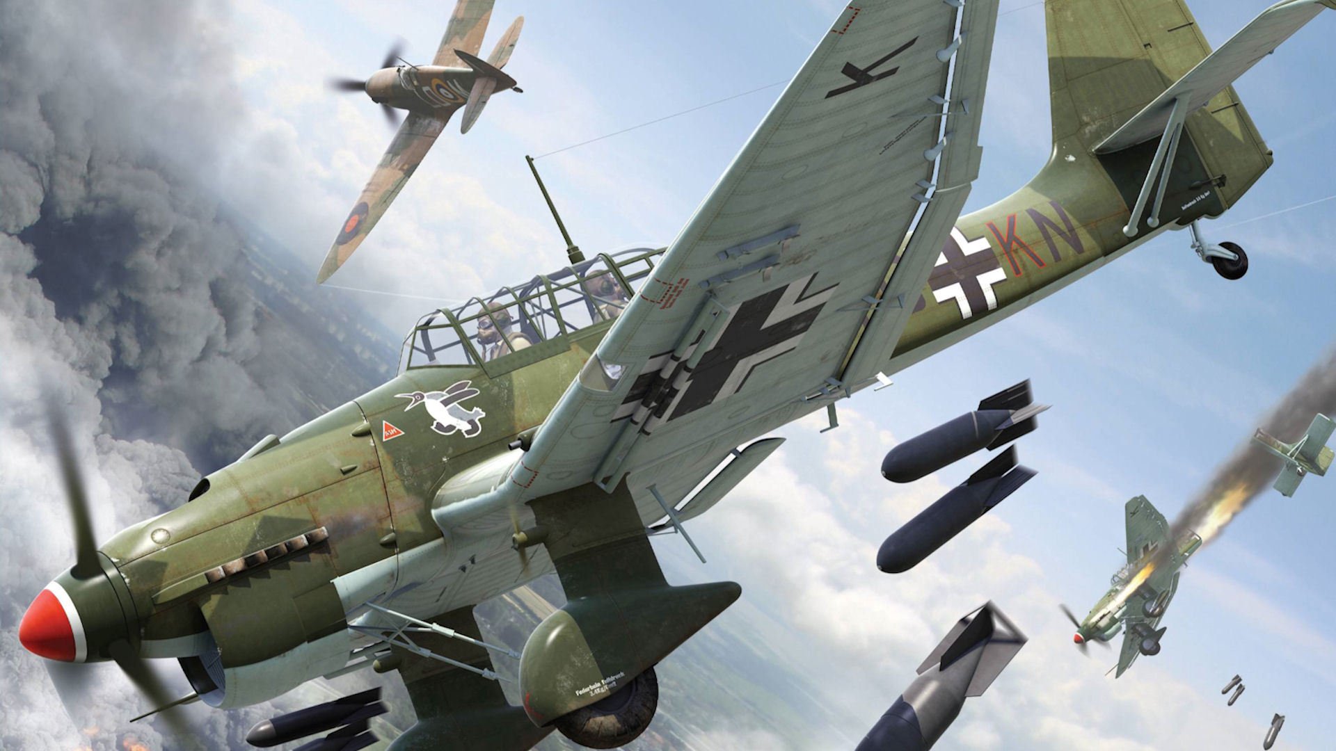 junkers ju-87 pieces laptёzhnik lapotnikov sturzkampfflugzeug dive bomber attack supermarine spitfire dogfight bomb smoke fire