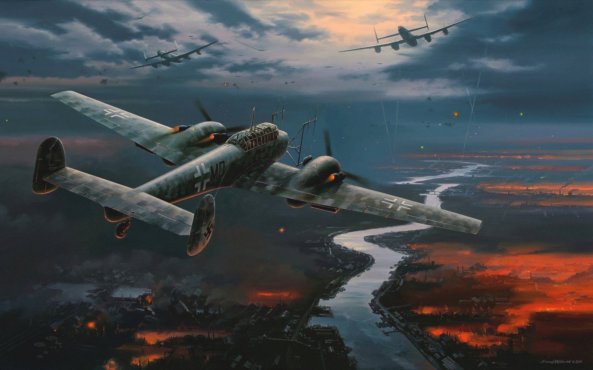 dibujo nicolas trudgian avión caza nocturno messerschmitt bf.110 bombardero luftwaffe alemanes