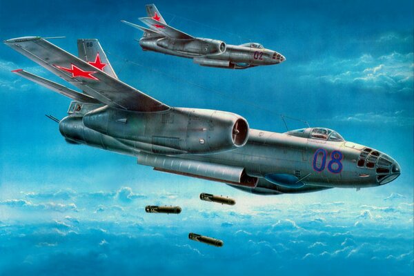 Ил-28 самолёт бомбандировщик сбрасывает снаряды