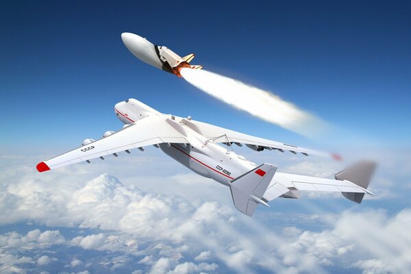 Buran launches into the sky from an airplane