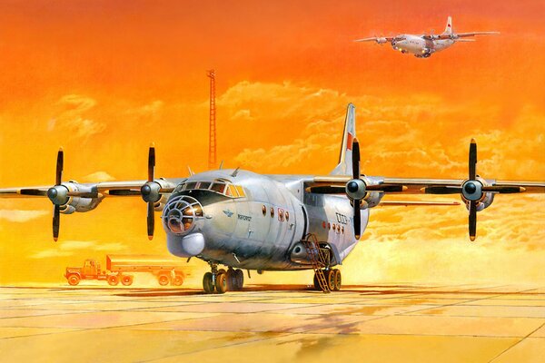 Drawing of AN-12bk aircraft on an orange sky background
