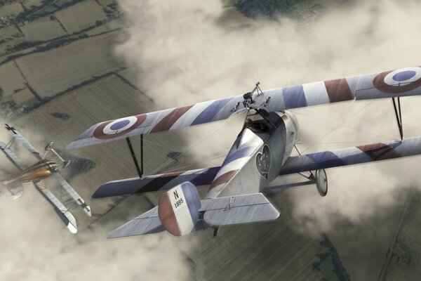 French plane in the sky over the fields