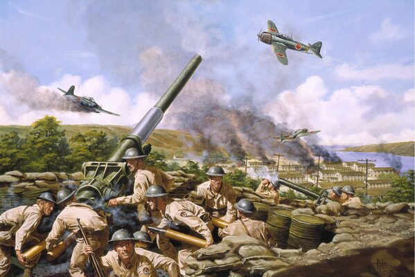 The painting depicts planes and soldiers