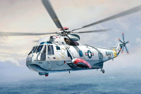 An American anti-submarine helicopter is flying on a mission