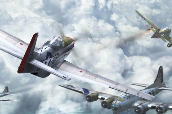 Combattenti tra le nuvole durante il combattimento aereo