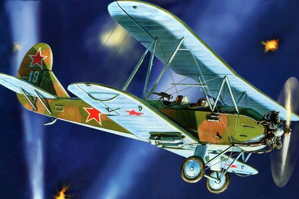 Dibujo de un avión de planeador soviético en un empuje de hélice, volando bajo disparos de artillería