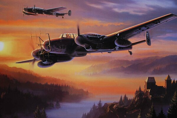 Night fighter over castle and forest