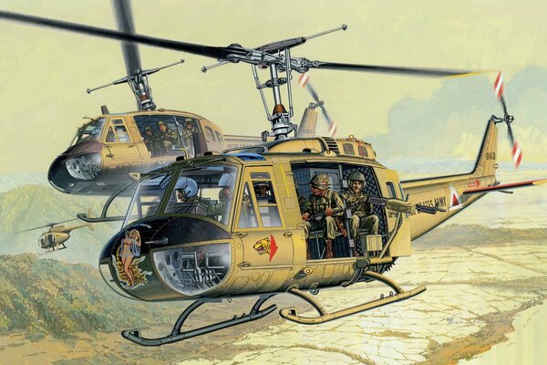 El arte del helicóptero americano en el fondo de las montañas