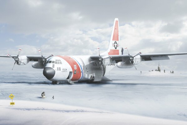 The plane is in Antarctica next to penguins