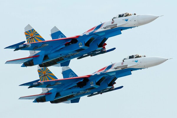 A pair of su-27 fighters in flight in the sky