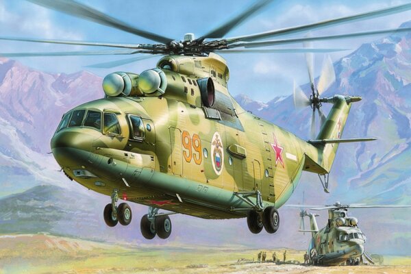 Drawing of the legendary Soviet Mi-26 helicopter on the background of mountains