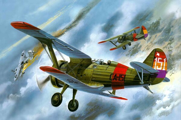 Soviet single-engine fighter in the air with the enemy