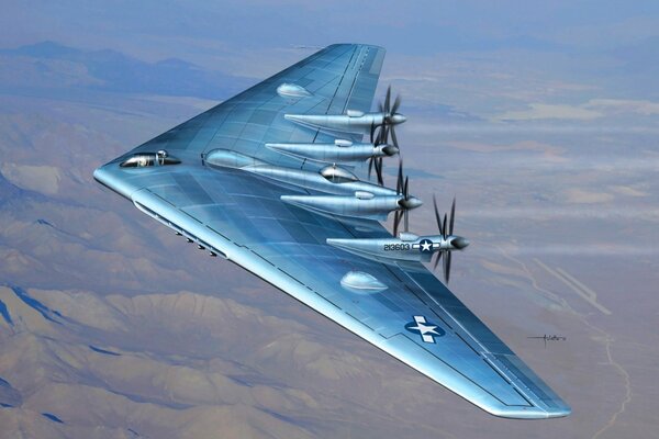 Experimental stealth aircraft on a desert background