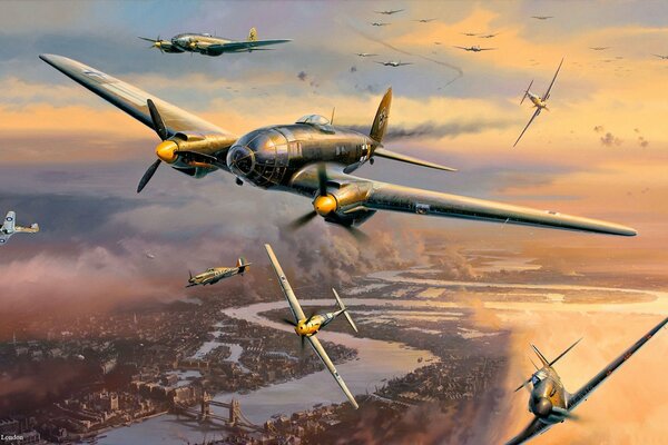 Воздушные бой времен второй мировой войны с участием немецких и британских самолетов