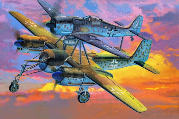 Focke Wolf et Messer ensemble sur fond de coucher de soleil