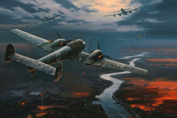 A night fighter is flying on a beautiful background