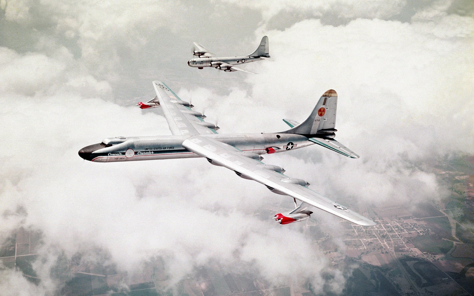 two usaf bombers b-29 sky land of the field cloud