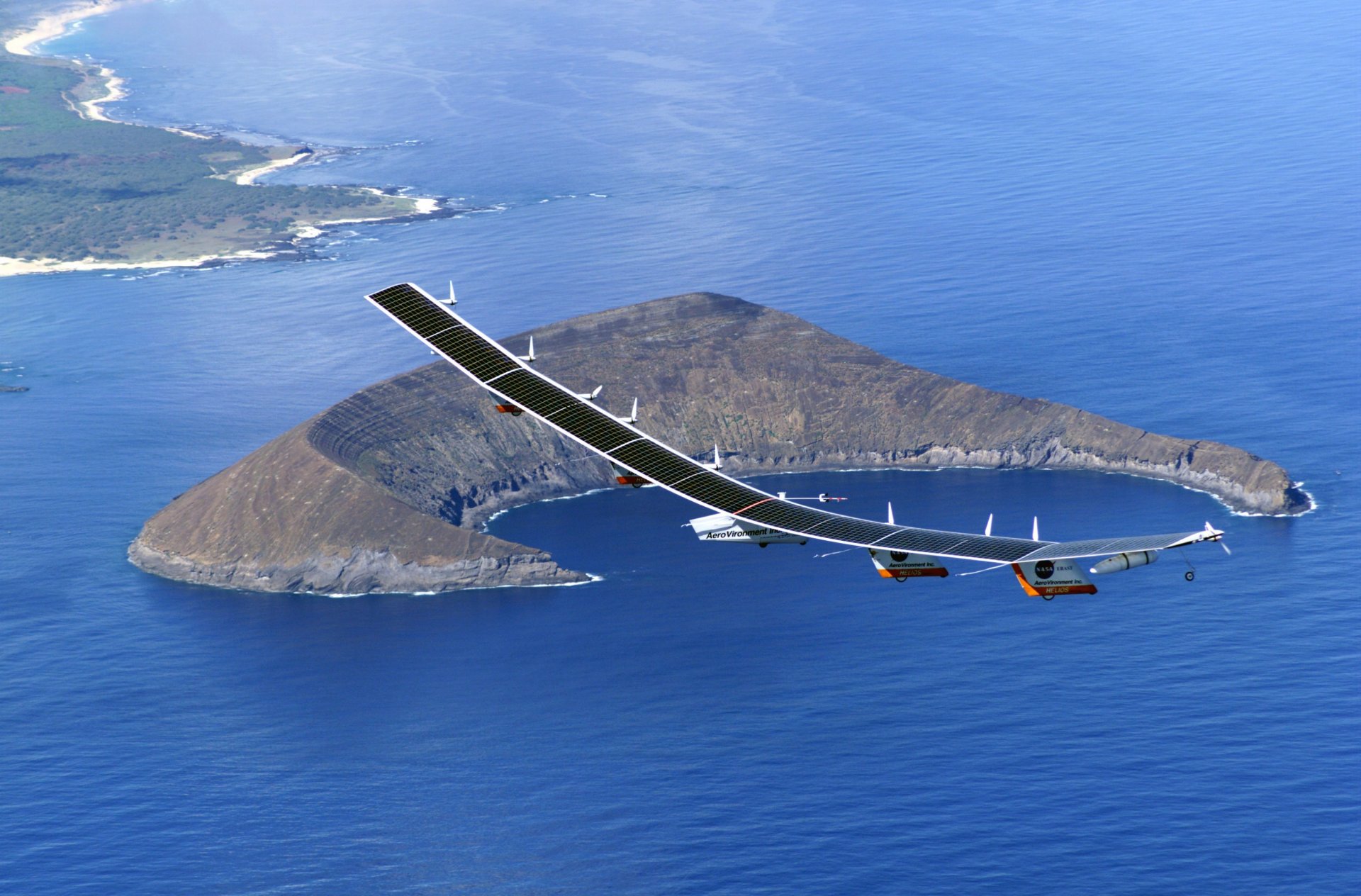 nasa pathfinder drone aircraft solar panels island mountain sea wallpaper